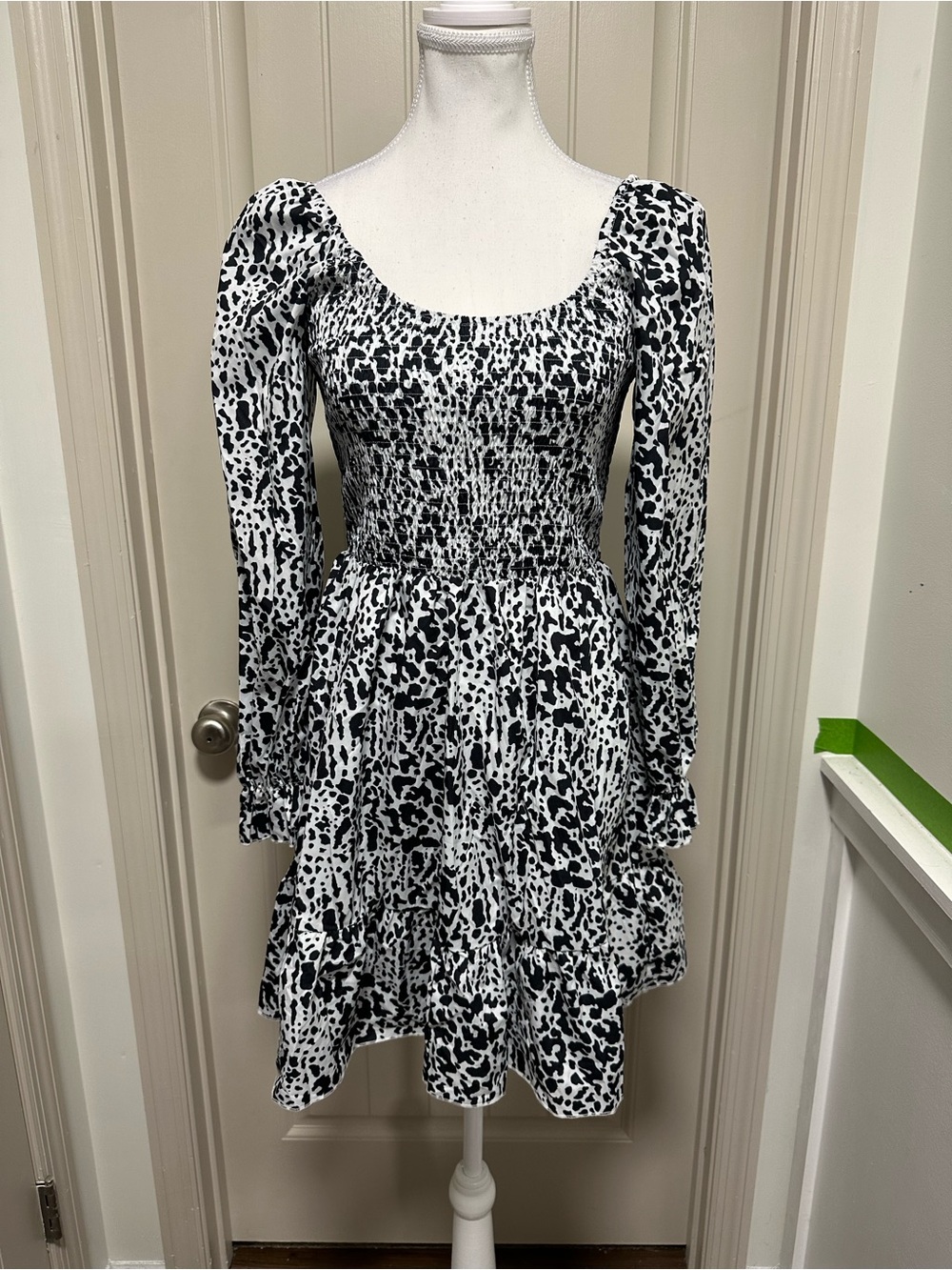 Black & White Long-Sleeve Smocked Mini Dress